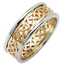 Irish Wedding Ring - Mens Celtic Knot Narrow Pierced Sheelin Wedding Band Yellow Gold with White Gold Rims Product Image