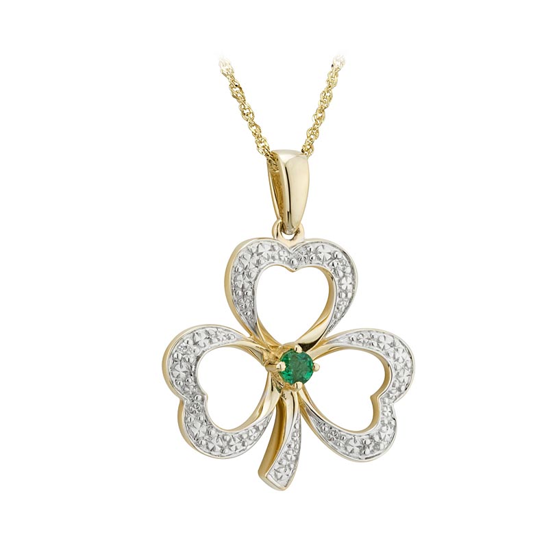 Product image for Shamrock Necklace - 14k Gold with Diamonds and Emerald Open Shamrock Pendant