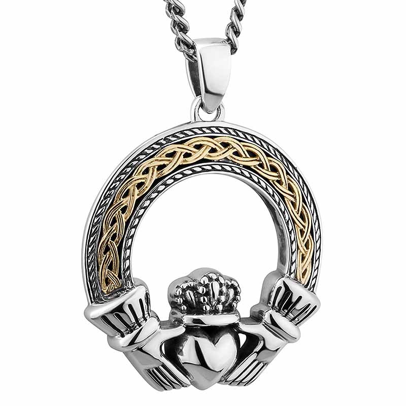 Product image for SALE | Mens Irish Jewelry | Sterling Silver & 10k Gold Celtic Claddagh Pendant