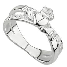 Alternate image for SALE | Irish Rings | Sterling Silver Ladies Crystal Crossover Claddagh Ring